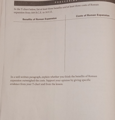 In the T-chart below, list at least three benefits and at least three costs of Roman 
.E. 
In a well-written paragraph, explain whether you think the benefits of Roman 
expansion outweighed the costs. Support your opinion by giving specific 
evidence from your T-chart and from the lesson.