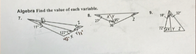 Algebra Find the value of each variable.
9.
8.
7.