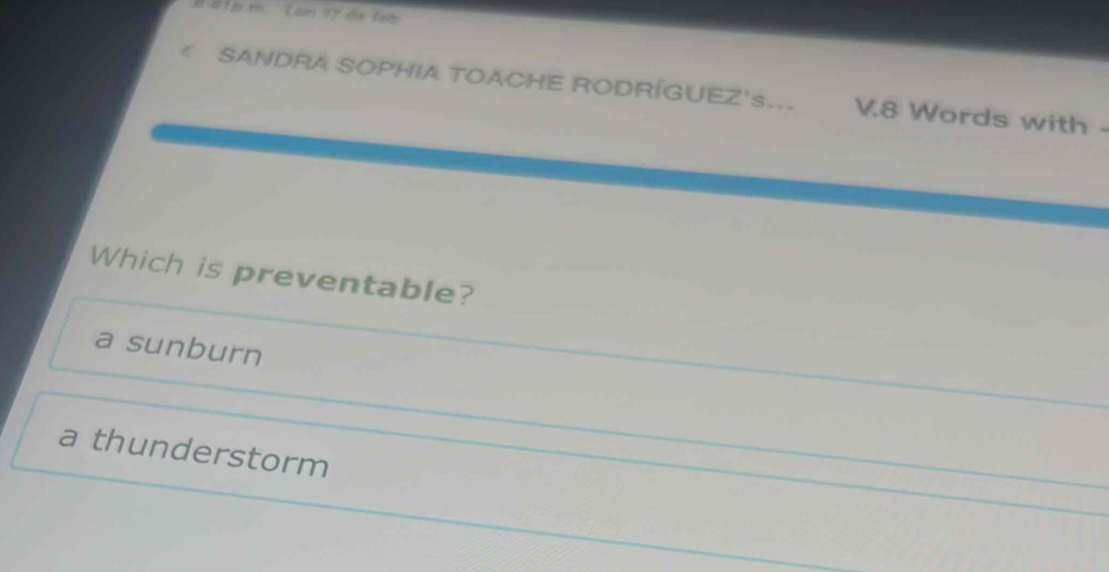 < SANDRA SOPHIA TOACHE RODRÍGUEZ's... V.8 Words with -
Which is preventable?
<option>a sunburn
<option>a thunderstorm