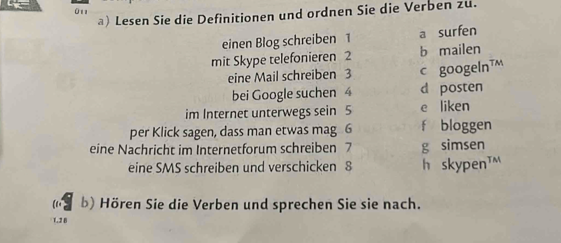 011
a) Lesen Sie die Definitionen und ordnen Sie die Verben zu.
einen Blog schreiben 1 a surfen
mit Skype telefonieren 2 b mailen
eine Mail schreiben 3 c googelnT
bei Google suchen 4 d posten
im Internet unterwegs sein 5 e liken
per Klick sagen, dass man etwas mag 6 f bloggen
eine Nachricht im Internetforum schreiben 7 g simsen
eine SMS schreiben und verschicken 8 h skypenTM
( b) Hören Sie die Verben und sprechen Sie sie nach.
1.28