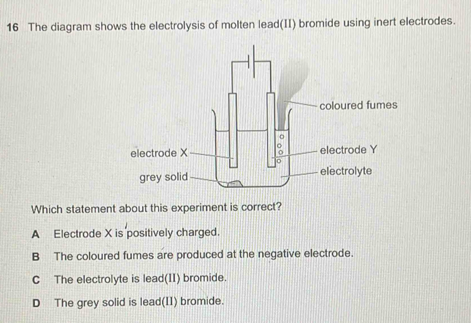 The diagram shows the electrolysis of molten lead(II) bromide using inert electrodes.
Which statement about this experiment is correct?
A Electrode X is positively charged.
B The coloured fumes are produced at the negative electrode.
C The electrolyte is lead(II) bromide.
D The grey solid is lead(II) bromide.