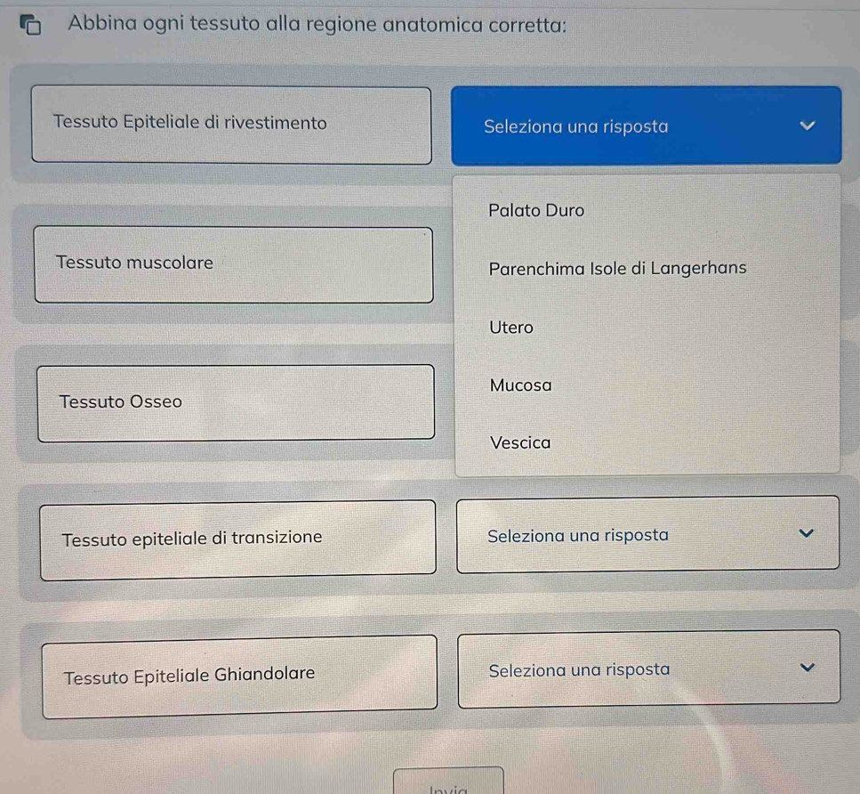 Abbina ogni tessuto alla regione anatomica corretta:
Tessuto Epiteliale di rivestimento Seleziona una risposta
Palato Duro
Tessuto muscolare Parenchima Isole di Langerhans
Utero
Mucosa
Tessuto Osseo
Vescica
Tessuto epiteliale di transizione Seleziona una risposta
Tessuto Epiteliale Ghiandolare Seleziona una risposta
In vi a