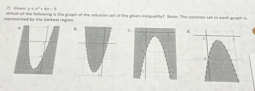 Given: y
Which of the following is the graph of the solution set of the given inequality? Note: The solution set in each graph is 
represented by the darkest region. 
d