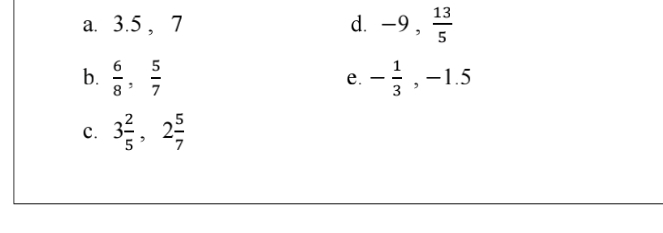 3. 5 , 7 d. -9,  13/5 
b.  6/8 ,  5/7  - 1/3 , -1.5
e. 
c. 3 2/5 , 2 5/7 