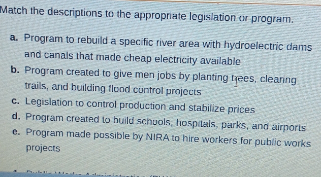 Match the descriptions to the appropriate legislation or program.
a. Program to rebuild a specific river area with hydroelectric dams
and canals that made cheap electricity available
b. Program created to give men jobs by planting trees, clearing
trails, and building flood control projects
c. Legislation to control production and stabilize prices
d. Program created to build schools, hospitals, parks, and airports
e. Program made possible by NIRA to hire workers for public works
projects