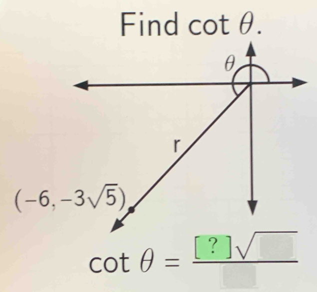 Find cotθ.
cot θ =frac [?]sqrt()