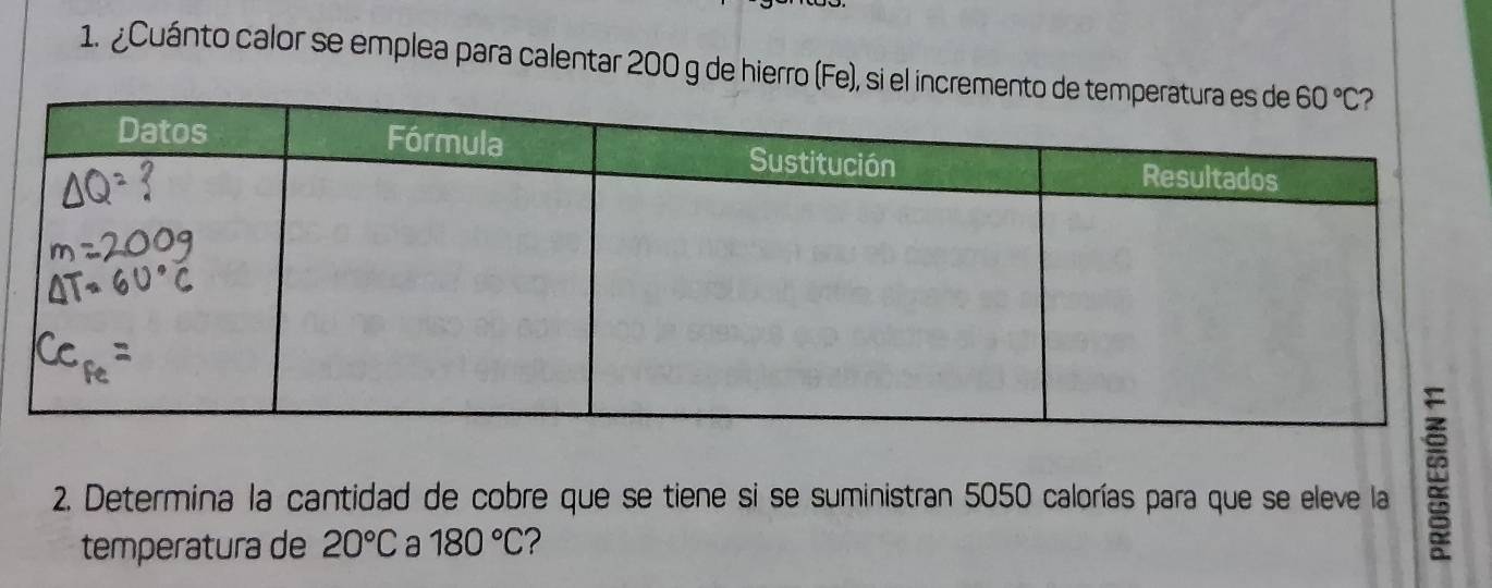 ¿Cuánto calor se emplea para calentar 200 g de hierro (Fe), si 
2. Determina la cantidad de cobre que se tiene si se suministran 5050 calorías para que se eleve la
temperatura de 20°C a 180°C ?