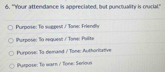 "Your attendance is appreciated, but punctuality is crucial."
Purpose: To suggest / Tone: Friendly
Purpose: To request / Tone: Polite
Purpose: To demand / Tone: Authoritative
Purpose: To warn / Tone: Serious