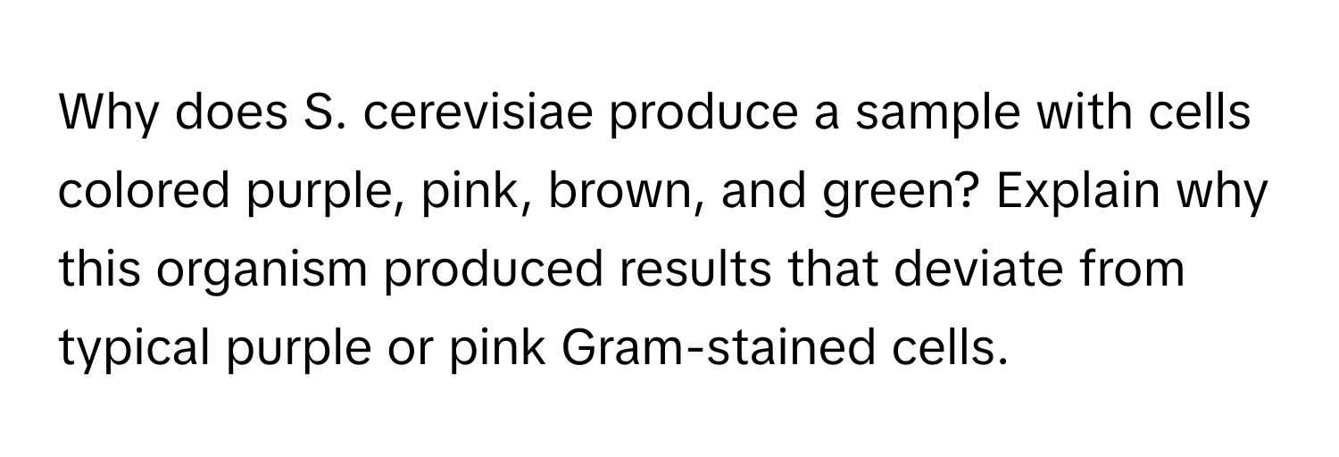 Why does S. cerevisiae produce a sample with cells colored purple, pink, brown, and green? Explain why this organism produced results that deviate from typical purple or pink Gram-stained cells.