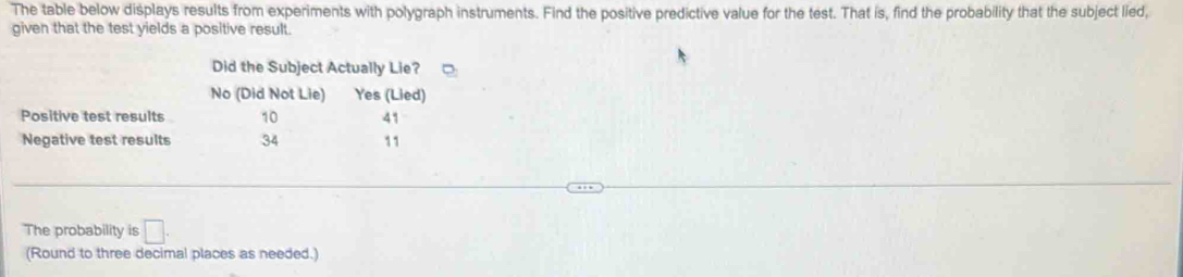 The table below displays results from experiments with polygraph instruments. Find the positive predictive value for the test. That is, find the probability that the subject lied, 
given that the test yields a positive result. 
Did the Subject Actually Lie? 
The probability is □. 
(Round to three decimal places as needed.)