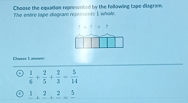 Choose the equation represented by the following tape dlagram.
The entire tape diagram represents 1 whole.
Choose 1 answer:
a  1/6 + 2/5 + 2/3 = 5/14 
a frac 1+frac 2+frac 2=frac 5