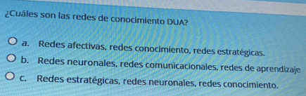 ¿Cuáles son las redes de conocimiento DUA?
a. Redes afectivas, redes conocimiento, redes estratégicas.
b. Redes neuronales, redes comunicacionales, redes de aprendizaje
c. Redes estratégicas, redes neuronales, redes conocimiento.