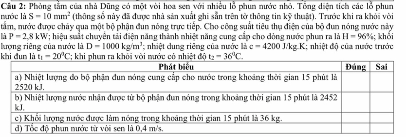 Phòng tắm của nhà Dũng có một vòi hoa sen với nhiều lỗ phun nước nhỏ. Tổng diện tích các lỗ phun 
nước là S=10mm^2 (thông số này đã được nhà sản xuất ghi sẵn trên tờ thông tin kỹ thuật). Trước khi ra khỏi vòi 
tắm, nước được chảy qua một bộ phận đun nóng trực tiếp. Cho công suất tiêu thụ điện của bộ đun nóng nước này 
là P=2,8kW *; hiệu suất chuyển tải điện năng thành nhiệt năng cung cấp cho dòng nước phun ra là H=96%; khối 
lượng riêng của nước là D=1000kg/m^3; nhiệt dung riêng của nước là c=4200J/kg.K 1; nhiệt độ của nước trước 
khi đun là t_1=20^0C; khikhỏi vòi nước có nhiệt độ t_2=36^0C.