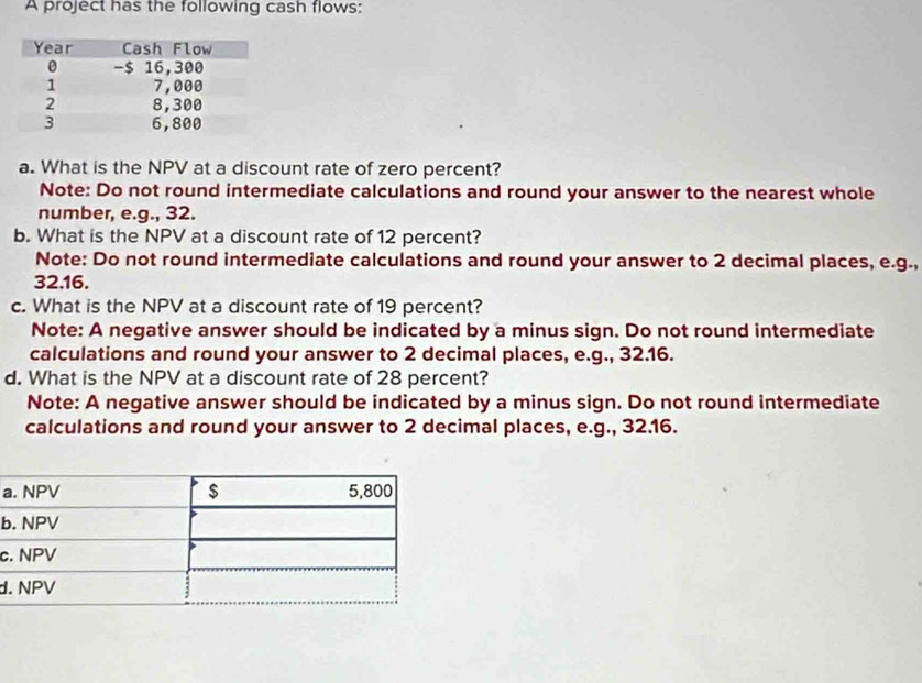 A project has the following cash flows: 
a. What is the NPV at a discount rate of zero percent? 
Note: Do not round intermediate calculations and round your answer to the nearest whole 
number, e.g., 32. 
b. What is the NPV at a discount rate of 12 percent? 
Note: Do not round intermediate calculations and round your answer to 2 decimal places, e.g.,
32.16. 
c. What is the NPV at a discount rate of 19 percent? 
Note: A negative answer should be indicated by a minus sign. Do not round intermediate 
calculations and round your answer to 2 decimal places, e.g., 32.16. 
d. What is the NPV at a discount rate of 28 percent? 
Note: A negative answer should be indicated by a minus sign. Do not round intermediate 
calculations and round your answer to 2 decimal places, e.g., 32.16. 
a 
b 
c 
d