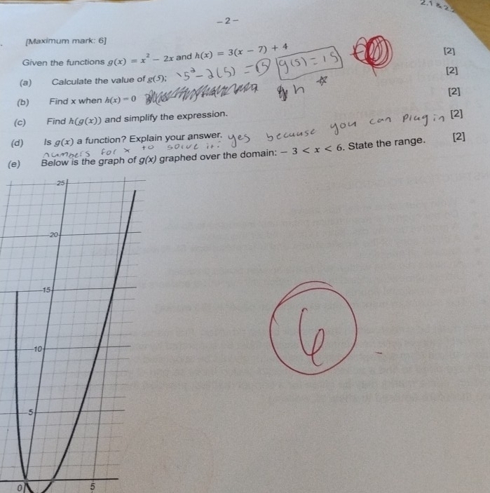 2 - 
[Maximum mark: 6] 
Given the functions g(x)=x^2-2x and h(x)=3(x-7)+4 [2] 
[2] 
(a) Calculate the value of g(5); 
(b) Find x when h(x)=0 [2] 
(c) Find h(g(x)) and simplify the expression. [2] 
(d) Is g(x) a function? Explain your answer. 
(e) Below is the graph of g(x) graphed over the domain: -3 . State the range. 
[2] 
of 5