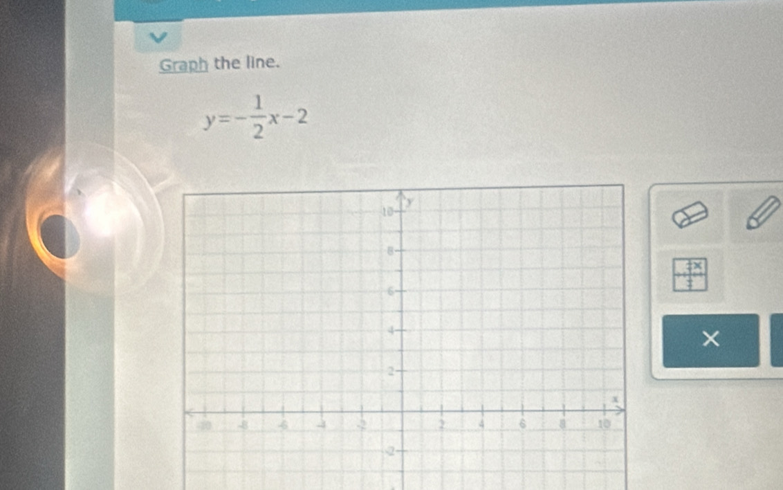 Graph the line.
y=- 1/2 x-2
×