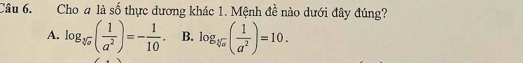 Cho a là số thực dương khác 1. Mệnh đề nào dưới đây đúng?
A. log _sqrt[3](a)( 1/a^2 )=- 1/10 . B. log _sqrt[5](a)( 1/a^2 )=10.