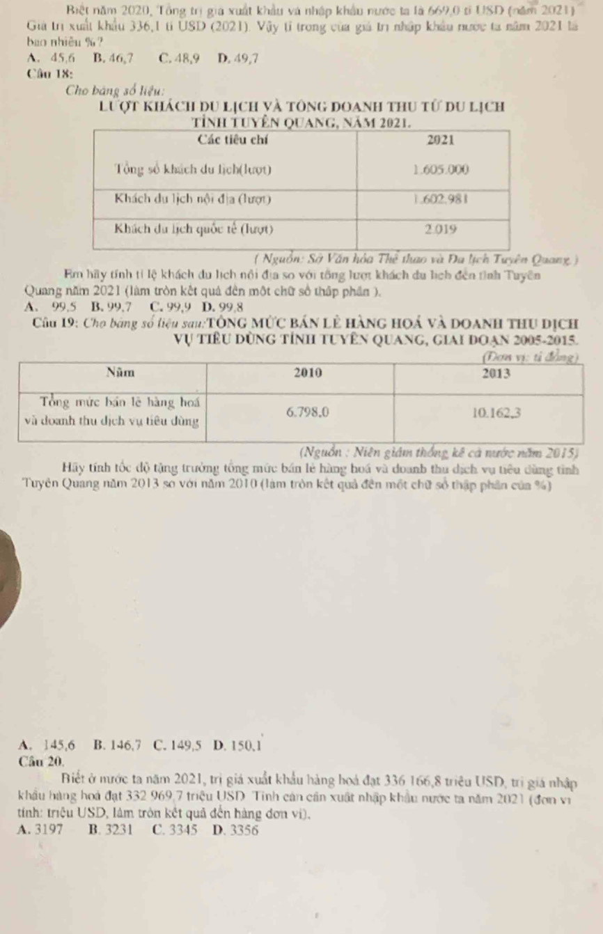 Biệt năm 2020, Tổng trị gia xuất khẩu và nhập khẩu nước ta là 669,0 tỉ USD (năm 2021) 
Giả trị xuất khẩu 336,1 tỉ USD (2021). Vậy tỉ trong của giả trị nhập khẩu nước ta năm 2021 là
bao nhiều % ?
A. 45, 6 B. 46, 7 C. 48, 9 D. 49,7
Câu 18:
Cho bảng số liệu:
Lượt khách du lịch và tổng đoanh thu tử du lịch
Thể thao và Đa lịch Tuyên Quang )
Em hãy tính tỉ lệ khách du lịch nổi địa so với tổng lượt khách du lịch đến tình Tuyên
Quang năm 2021 (làm tròn kết quả đền một chữ số thập phần ).
A. 99.5 B. 99.7 C. 99.9 D. 99.8
Cu 19: Cho bảng số liệu sau:TÔNG MỨC Bán LÊ HànG HOá và DOANh thU dịch
Vụ tiÊU DùnG tỉnh tuyÊn QuanG, GIAI ĐOạn 2005-2015.
:m thống kê cả nước năm 2015)
Hãy tính tốc độ tặng trưởng tổng mức bán lẻ hàng hoá và doanh thu dịch vụ tiêu dùng tình
Tuyên Quang năm 2013 sơ với năm 2010 (làm tròn kết quả đền một chữ số thập phân của %)
A. 145,6 B. 146,7 C. 149,5 D. 150,1
Câu 20.
Biết ở nước ta năm 2021, trị giá xuất khẩu hàng hoá đạt 336 166, 8 triệu USD, trị giá nhập
khẩu hàng hoá đạt 332 969, 7 triệu USD. Tinh cản cần xuất nhập khẩu nước ta năm 2021 (đơn vị
tính: triệu USD, làm tròn kết quả đến hàng đơn vi).
A. 3197 B. 3231 C. 3345 D. 3356