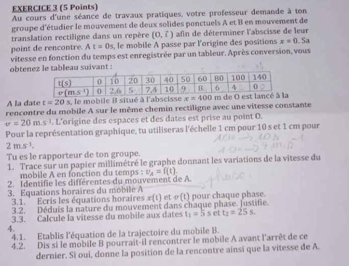 Au cours d'une séance de travaux pratiques, votre professeur demande à ton
groupe d’étudier le mouvement de deux solides ponctuels A et B en mouvement de
translation rectiligne dans un repère (0,vector t) afin de déterminer l'abscisse de leur
point de rencontre. A t=0s , le mobile A passe par l’origine des positions x=0. Sa
vitesse en fonction du temps est enregistrée par un tableur. Après conversion, vous
obtenez le tableau suivant :
A la date t=20s , le mobile B situé à l'abscisse 
rencontre du mobile A sur le même chemin rectiligne avec une vitesse constante
v=20m.s^(-1). L’origine des espaces et des dates est prise au point O.
Pour la représentation graphique, tu utiliseras l'échelle 1 cm pour 10 s et 1 cm pour
2m.s^(-1).
Tu es le rapporteur de ton groupe.
1. Trace sur un papier millimétré le graphe donnant les variations de la vitesse du
mobile A en fonction du temps : v_A=f(t).
2. Identifie les différentes du mouvement de A.
3. Equations horaires du mobile A
3.1. ° Ecris les équations horaires x(t) et v(t) pour chaque phase.
3.2. Déduis la nature du mouvement dans chaque phase. Justifie.
3.3. Calcule la vitesse du mobile aux dates t_1=5 s et t_2=25s.
4.
4.1. Etablis l’équation de la trajectoire du mobile B.
4.2. Dis si le mobile B pourrait-il rencontrer le mobile A avant l'arrêt de ce
dernier. Si oui, donne la position de la rencontre ainsi que la vitesse de A.