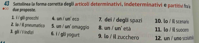 Sottolinea la forma corretta degli articoli determinativi, indeterminativi e partitivi fra ę 
due proposte. 
1. i / gli gnocchi 4. un / un' eco 7. dei / degli spazi 10. lo / il scenario 
2. lo / il pneumatico 5. un / un' omaggio 8. un / un' età 11. lo / il suocero 
3. gli / i indizi 6. i / gli yogurt 9. lo / il zucchero 12. un / uno scoiattolo