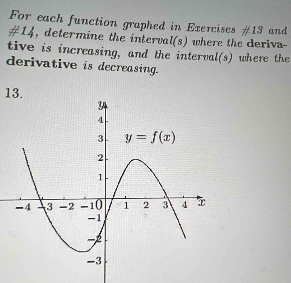 For each function graphed in Exercises #13 and
#14, determine the interval(s) where the deriva-
tive is increasing, and the interval(s) where the
derivative is decreasing.
13.