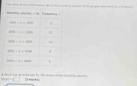 The table shows information about the monchly salares of 50 people who work at a company
# Work out an estimate for the mean of the monthly salaries.
Mean =£□ 3 marks