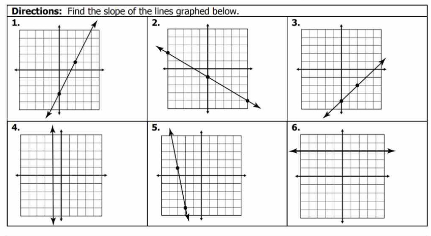 Directions: Find the slope of the lines graphed below. 
2. 
6.