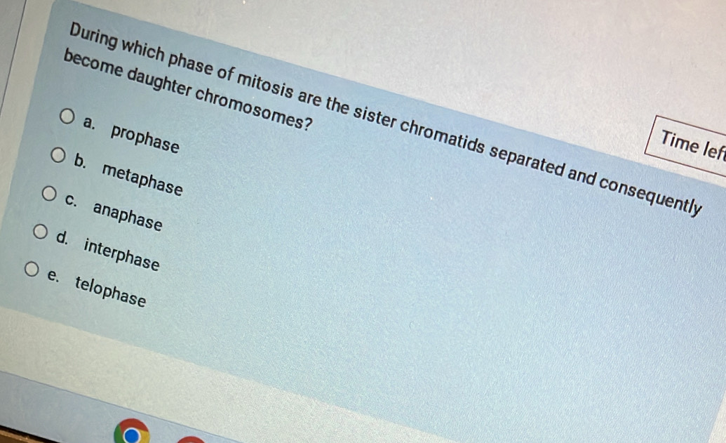 become daughter chromosomes?
During which phase of mitosis are the sister chromatids separated and consequenth
a. prophase
Time lef
b. metaphase
c. anaphase
d. interphase
e. telophase