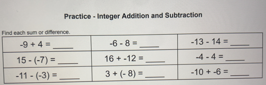 Practice - Integer Addition and Subtraction