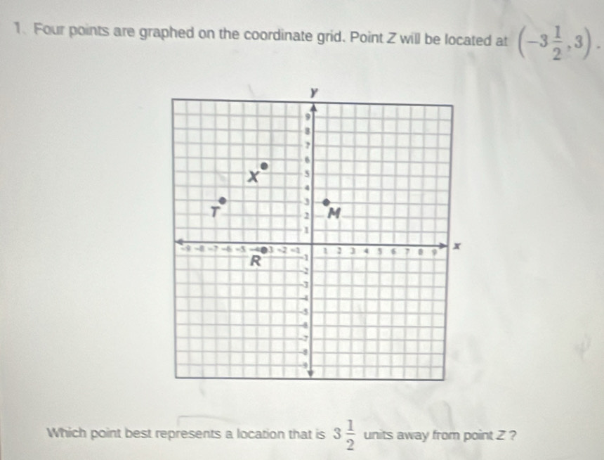 Four points are graphed on the coordinate grid. Point Z will be located at (-3 1/2 ,3). 
Which point best represents a location that is 3 1/2  units away from point Z ?