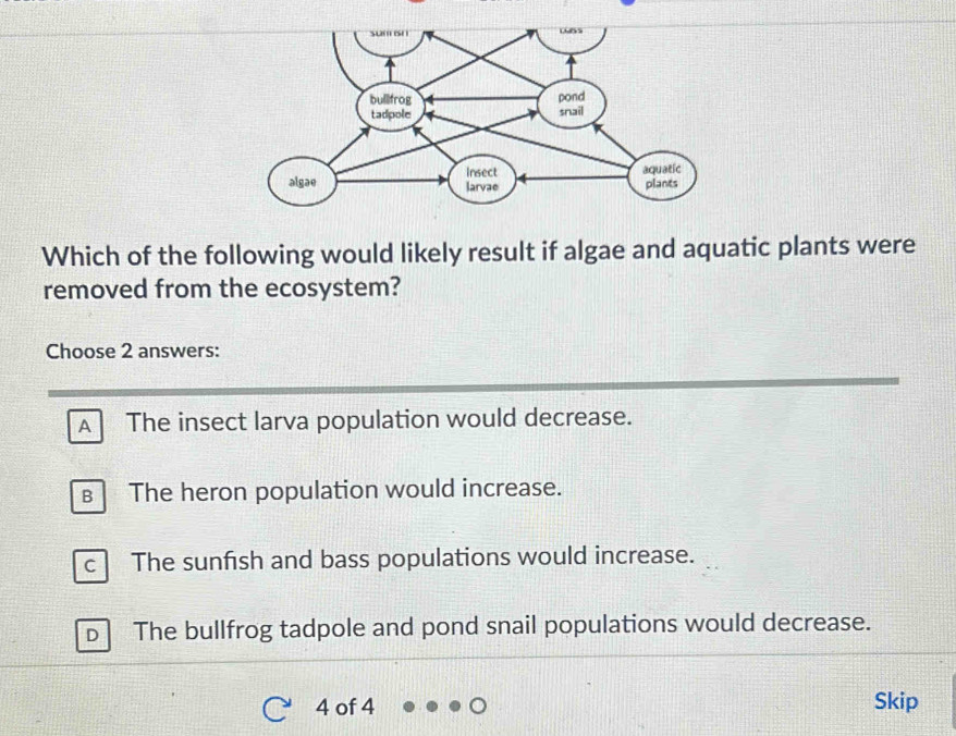 Which of the following would likely result if algae and aquatic plants were
removed from the ecosystem?
Choose 2 answers:
A The insect larva population would decrease.
B The heron population would increase.
c The sunfish and bass populations would increase.
D l The bullfrog tadpole and pond snail populations would decrease.
4 of 4 Skip