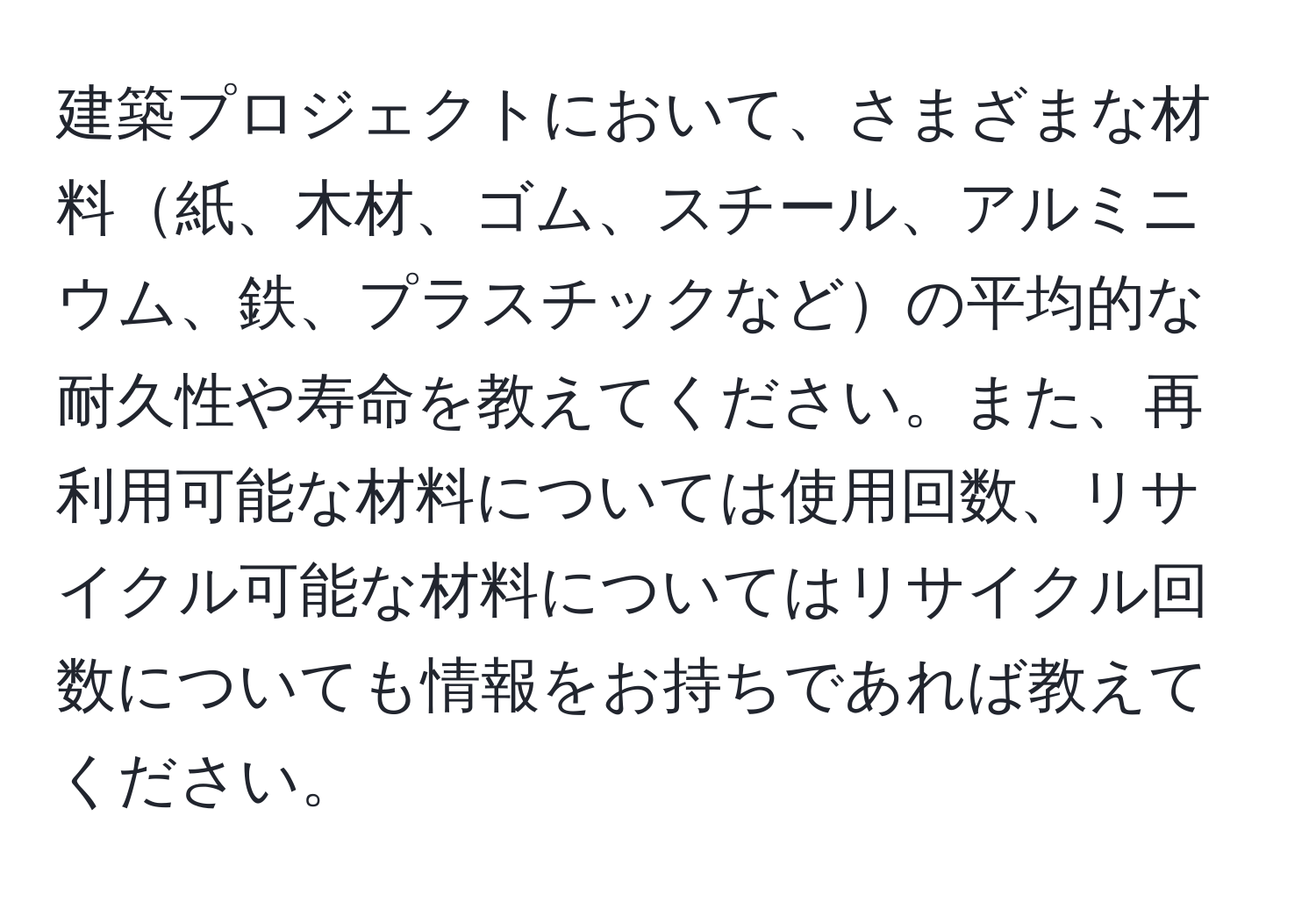 建築プロジェクトにおいて、さまざまな材料紙、木材、ゴム、スチール、アルミニウム、鉄、プラスチックなどの平均的な耐久性や寿命を教えてください。また、再利用可能な材料については使用回数、リサイクル可能な材料についてはリサイクル回数についても情報をお持ちであれば教えてください。