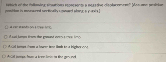 Which of the following situations represents a negative displacement? (Assume positive
position is measured vertically upward along a y-axis.)
A cat stands on a tree limb.
A cat jumps from the ground onto a tree limb.
A cat jumps from a lower tree limb to a higher one.
A cat jumps from a tree limb to the ground.