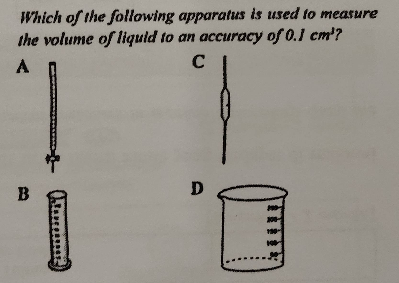 Which of the following apparatus is used to measure
the volume of liquid to an accuracy of 0.1cm^3 7
A
C
B
D