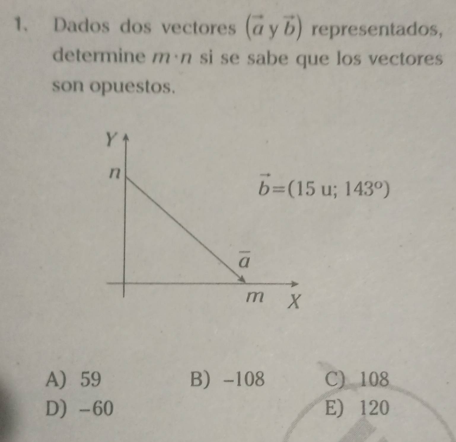 Dados dos vectores (vector ayvector b) representados,
determine mán si se sabe que los vectores 
son opuestos.
Y
n
vector b=(15u;143°)
overline a
m X
A) 59 B -108 C) 108
D) -60 E) 120