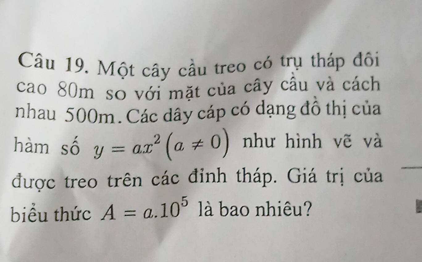 Một cây cầu treo có trụ tháp đôi 
cao 80m so với mặt của cây câu và cách 
nhau 500m. Các dây cáp có dạng đồ thị của 
hàm số y=ax^2(a!= 0) như hình vẽ và 
được treo trên các đỉnh tháp. Giá trị của 
biểu thức A=a.10^5 là bao nhiêu?