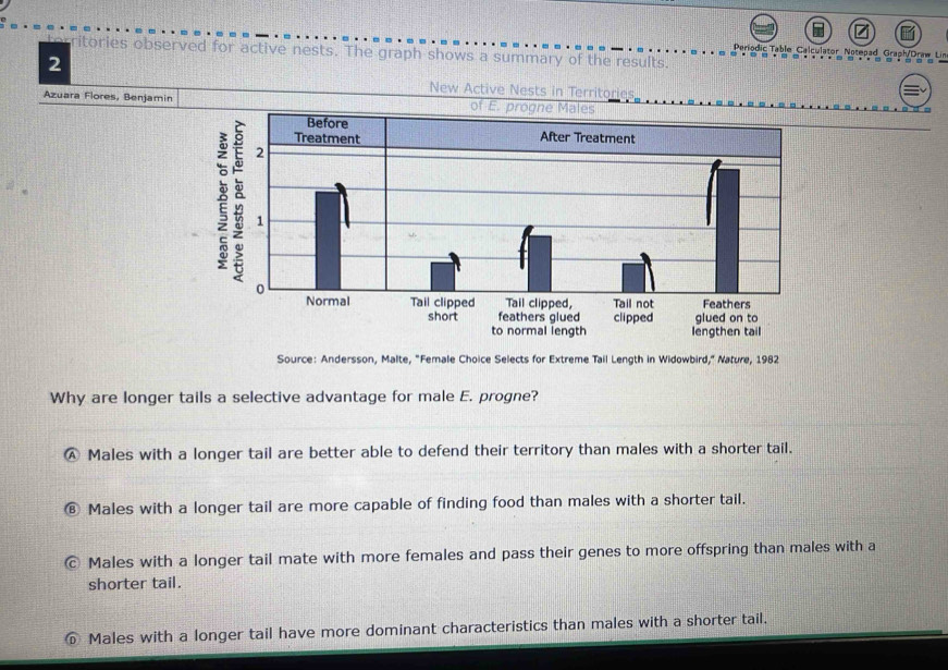 Periodic Table Calculator Notepad Graph/Draw Lin
for ritories observed for active nests. The graph shows a summary of the results.
2
New Active Nests in Territorie
Azuara Flores, Benjamin 
Source: Andersson, Malte, "Female Choice Selects for Extreme Tail Length in Widowbird," Nature, 1982
Why are longer tails a selective advantage for male E. progne?
Ⓐ Males with a longer tail are better able to defend their territory than males with a shorter tail.
B Males with a longer tail are more capable of finding food than males with a shorter tail.
Males with a longer tail mate with more females and pass their genes to more offspring than males with a
shorter tail.
Males with a longer tail have more dominant characteristics than males with a shorter tail.