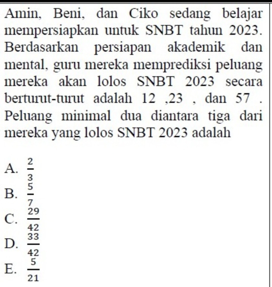 Amin, Beni, dan Ciko sedang belajar
mempersiapkan untuk SNBT tahun 2023.
Berdasarkan persiapan akademik dan
mental, guru mereka memprediksi peluang
mereka akan lolos SNBT 2023 secara
berturut-turut adalah 12 , 23 , dan 57.
Peluang minimal dua diantara tiga dari
mereka yang lolos SNBT 2023 adalah
A.  2/3 
B.  5/7 
C.  29/42 
D.  33/42 
E.  5/21 