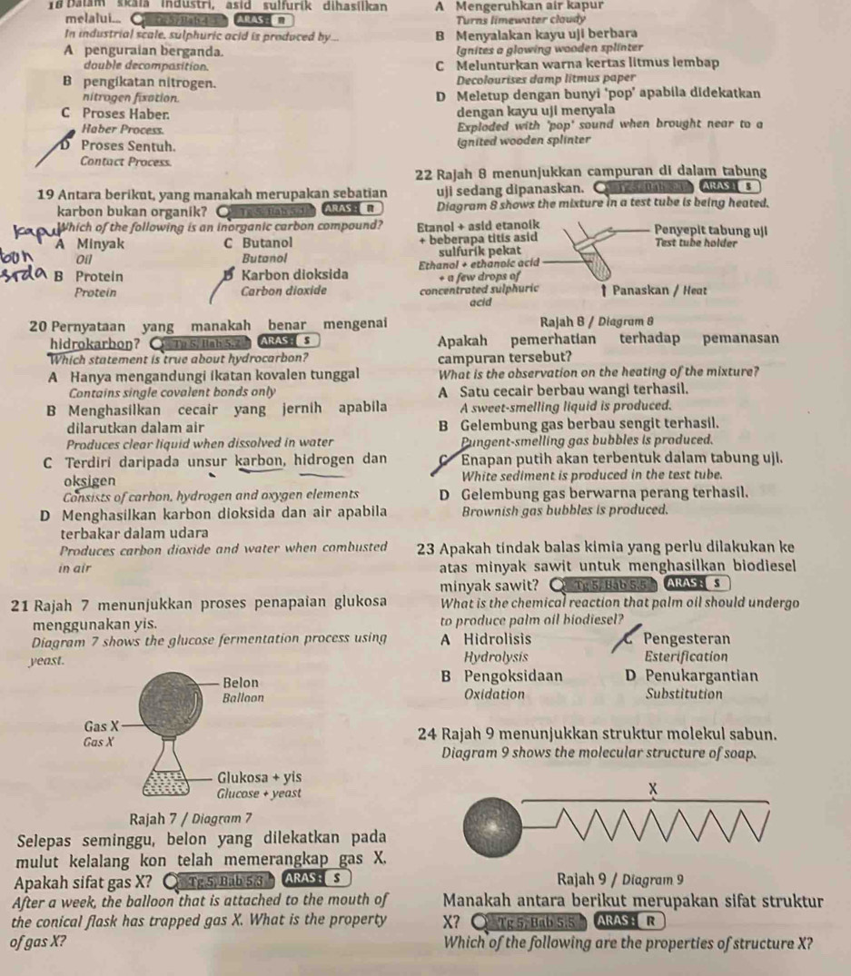 18Dalam skala industri, asid sulfurik dihasilkan A Mengeruhkan air kapur
melalui... C C SHat   ARASE n Turns limewater cloudy
In industrial scale, sulphuric acid is produced by.. B Menyalakan kayu uji berbara
A penguraian berganda.  Ignites a glowing wooden splinter
dauble decomposition. C Melunturkan warna kertas litmus lembap
B pengikatan nitrogen. Decolourises damp litmus paper
nitrogen fisation D Meletup dengan bunyi ‘pop’ apabíla didekatkan
C Proses Haber. dengan kayu uji menyala
Haber Process. Exploded with 'pop' sound when brought near to a
D Proses Sentuh. ignited wooden splinter
Contact Process.
22 Rajah 8 menunjukkan campuran di dalam tabung
19 Antara berikut, yang manakah merupakan sebatian uji sedang dipanaskan. Car s at ARAS I 
karbon bukan organik? Ta S TabS ARAS2 R Diagram 8 shows the mixture in a test tube is being heated.
Which of the following is an inorganic carbon compound? Etanol + asid etanok Penyepit tabung uji
A Minyak C Butanol + beberapa titis asid Test tube holder
Oil Butanol sulfurik pekat
B Protein Karbon dioksida Ethanol + ethanoic acid
+ a few drops of
Protein Carbon dioxide concentrated sulphuric acid † Panaskan / Heat
20 Pernyataan yang manakah benar mengenai Rajah B / Diagrum 8
hidrokarbon? Q Tạ 5, Iab 5,2 ARAS  S Apakah pemerhatian terhadap pemanasan
Which statement is true about hydrocarbon?
A Hanya mengandungi ikatan kovalen tunggal campuran tersebut?
What is the observation on the heating of the mixture?
Contains single covalent bonds only A Satu cecair berbau wangi terhasil.
B Menghasilkan cecair yang jernih apabila A sweet-smelling liquid is produced.
dilarutkan dalam air B Gelembung gas berbau sengit terhasil.
Produces clear liquid when dissolved in water Pungent-smelling gas bubbles is produced.
C Terdirí daripada unsur karbon, hidrogen dan C Enapan putih akan terbentuk dalam tabung uji.
oksigen White sediment is produced in the test tube.
Consists of carbon, hydrogen and oxygen elements D Gelembung gas berwarna perang terhasil.
D Menghasilkan karbon dioksida dan air apabila Brownish gas bubbles is produced.
terbakar dalam udara
Produces carbon dioxide and water when combusted  23 Apakah tindak balas kimia yang perlu dilakukan ke
in air atas minyak sawit untuk menghasilkan biodiesel.
minyak sawit? ○ Ty 5 Bab 5.5 0 ARASt s
21 Rajah 7 menunjukkan proses penapaian glukosa What is the chemical reaction that palm oil should undergo
menggunakan yis. to produce palm oil biodiesel?
Diagram 7 shows the glucose fermentation process using A Hidrolisis Pengesteran
yeast Hydrolysis Esterification
B Pengoksidaan D Penukargantian
Oxidation Substitution
24 Rajah 9 menunjukkan struktur molekul sabun.
Diagram 9 shows the molecular structure of soap.
Rajah 7 / Diogram 7
Selepas seminggu, belon yang dilekatkan pada
mulut kelalang kon telah memerangkap gas X.
Apakah sifat gas X? ○aTg5 Bab 5/3   ARASE s Rajah 9 / Diagram 9
After a week, the balloon that is attached to the mouth of Manakah antara berikut merupakan sifat struktur
the conical flask has trapped gas X. What is the property X? ○  Tg 5, Bab 5:5 ARAS ： R
of gas X? Which of the following are the properties of structure X?