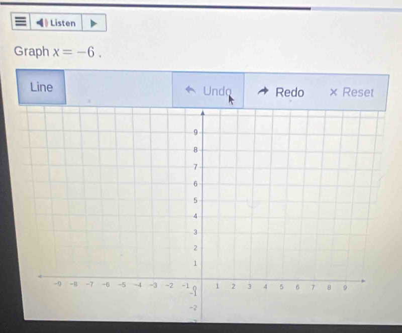 Listen 
Graph x=-6. 
Line Unda Redo × Reset