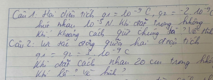 Can 1i fai dien rich q_1=l_0-qC, g_2=-2.10^(-9)C
but whai lo' 5 N. Whi char Tneng hhong 
Khi' Kheeing cach gùp chung dà?vethe 
Cai 2: ue fai drong giùǐa hai dneò rich
q_1=q_2=3· 10^(-9)C
Whi dak cacb whan 20 cn trong hho 
Wh' Rar? ve his? 
D