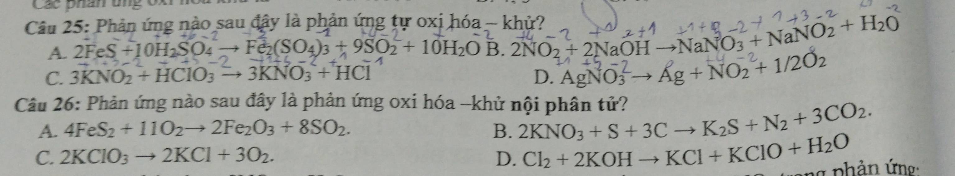 Các phân ung 6
Câu 25: Phản ứng nào sau đây là phản ứng tự oxi hóa - khử?
A. 2FeS+10H_2SO_4to Fe_2(SO_4)_3+9SO_2^(2+10H_2)O B. 2NO_2+2NaOHto NaNO_3+NaNO_2+H_2O
C. 3KNO_2+HClO_3to 3KNO_3+HCl D. AgNO_3^((2-)to Ag+NO_2^(-2)+1/2O_2)
Câu 26: Phản ứng nào sau đây là phản ứng oxi hóa -khử nội phân tử?
A. 4FeS_2+11O_2to 2Fe_2O_3+8SO_2. B. 2KNO_3+S+3Cto K_2S+N_2+3CO_2.
C. 2KClO_3to 2KCl+3O_2. D. Cl_2+2KOHto KCl+KClO+H_2O
g ph ản ứn