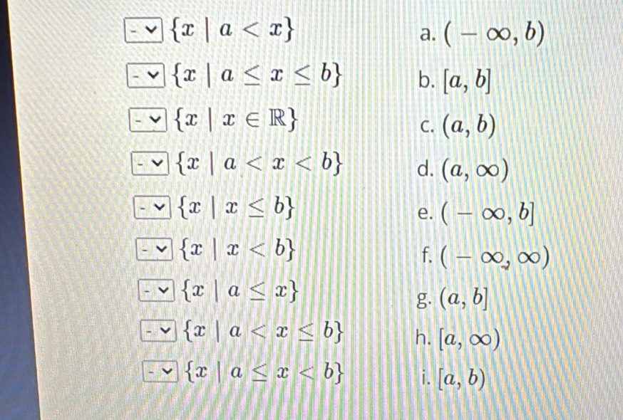  x|a
a. (-∈fty ,b)
 x|a≤ x≤ b b. [a,b]
 x|x∈ R
C. (a,b)
 x|a d. (a,∈fty )
 x|x≤ b
e. (-∈fty ,b]
 x|x
f. (-∈fty ,∈fty )
 x|a≤ x
g. (a,b]
 x|a h. [a,∈fty )
 x|a≤ x i. [a,b)