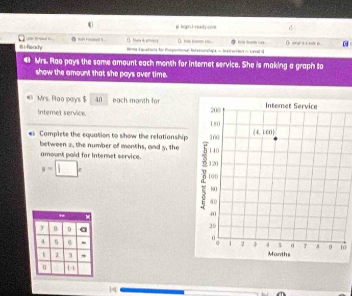 # kigmn.)-realy.com
toft Fouhe   O  hada hwem ty Gunda Les Gend à x kstr b
)fleady Writs Equations for Proportional Retationships — instruction — Level G
Mrs. Rao pays the same amount each month for Internet service. She is making a graph to
show the amount that she pays over time.
Mrs. Rao pays $ 40 each month for
Intemet service. 
Complete the equation to show the relationship
between x, the number of months, and y, the
amount paid for Internet service.
y=□ x
,,,
7 B D
4 6
0
1 2 3 4