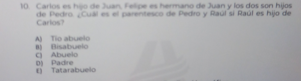 Carlos es hijo de Juan, Fellipe es hermano de Juan y los dos son hijos
de Pedro. ¿Cuál es el parentesco de Pedro y Raúl si Raúl es hijo de
Carlos?
A) Tío abuelo
B) Bisabuelo
C) Abuelo
D) Padre
E) Tatarabuelo