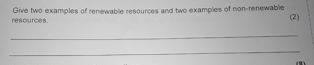 Give two examples of renewable resources and two examples of non-renewable 
resources. 
(2) 
_ 
_