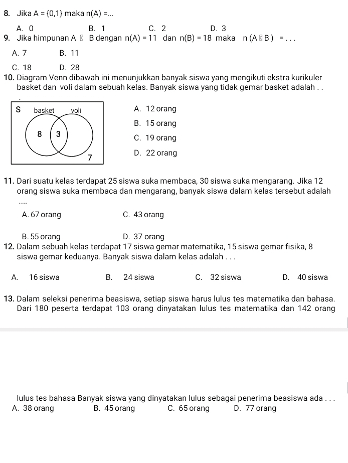 Jika A= 0,1 maka n(A)=...
A. 0 B. 1 C. 2 D. 3
9. Jika himpunan A B dengan n(A)=11 dan n(B)=18 maka n(AB)=... _
A. 7 B. 11
C. 18 D. 28
10. Diagram Venn dibawah ini menunjukkan banyak siswa yang mengikuti ekstra kurikuler
basket dan voli dalam sebuah kelas. Banyak siswa yang tidak gemar basket adalah . .
S basket voli A. 12 orang
B. 15 orang
8 3
C. 19 orang
7 D. 22 orang
11. Dari suatu kelas terdapat 25 siswa suka membaca, 30 siswa suka mengarang. Jika 12
orang siswa suka membaca dan mengarang, banyak siswa dalam kelas tersebut adalah
....
A. 67 orang C. 43 orang
B. 55 orang D. 37 orang
12. Dalam sebuah kelas terdapat 17 siswa gemar matematika, 15 siswa gemar fisika, 8
siswa gemar keduanya. Banyak siswa dalam kelas adalah . . .
A. 16 siswa B. 24 siswa C. 32 siswa D. 40 siswa
13. Dalam seleksi penerima beasiswa, setiap siswa harus lulus tes matematika dan bahasa.
Dari 180 peserta terdapat 103 orang dinyatakan lulus tes matematika dan 142 orang
lulus tes bahasa Banyak siswa yang dinyatakan lulus sebagai penerima beasiswa ada . . .
A. 38 orang B. 45 orang C. 65 orang D. 77 orang