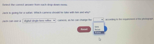 Select the correct answer from each drop-down menu.
Jack is going for a safari. Which camera should he take with him and why?
Jack can use a digital single-lens reflex camera, as he can change the □ according to the requirement of the photograph
Reset focus lens
frame