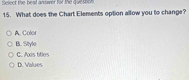 Solved: Select the best answer for the question. 15. What does the ...