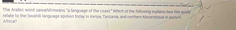 The Arabic word sawahil/ means "a language of the coast." Which of the following explains how this would 
relate to the Swahili language spoken today in Kenya, Tanzania, and northern Mozambique in eastern 
Africa?